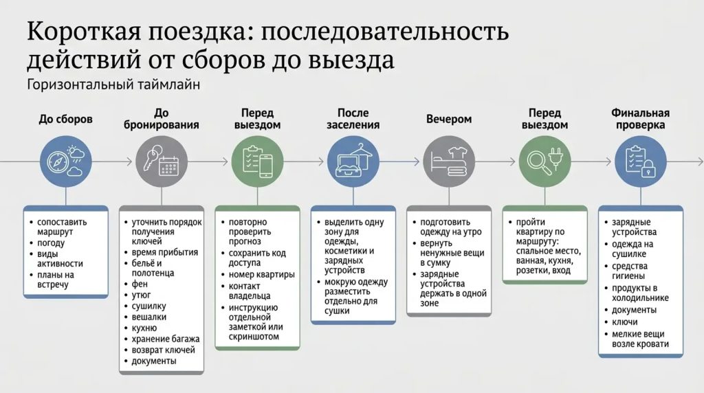 Короткая поездка: последовательность от сборов до выезда